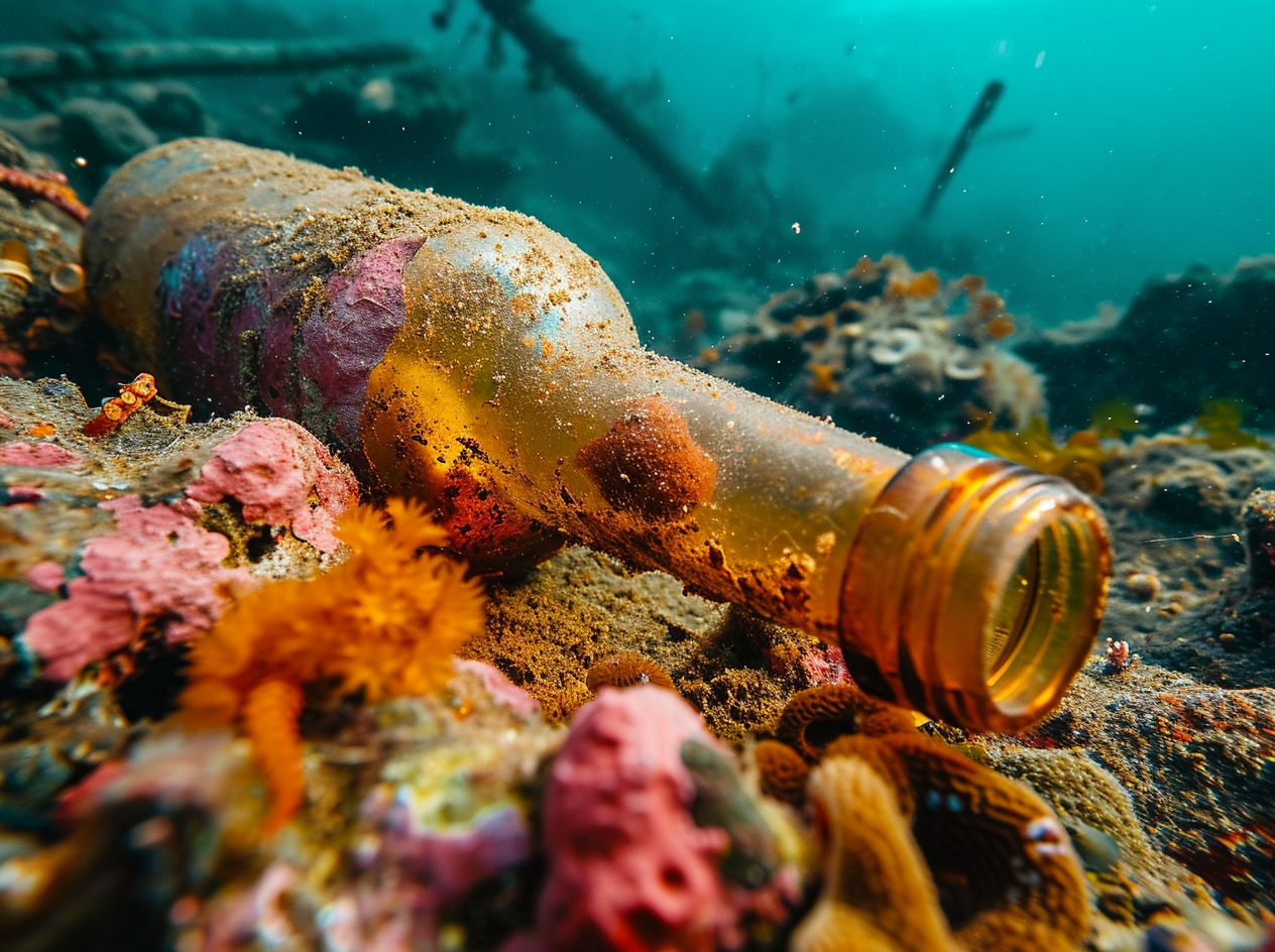 Glass bottle on sea floor with corals