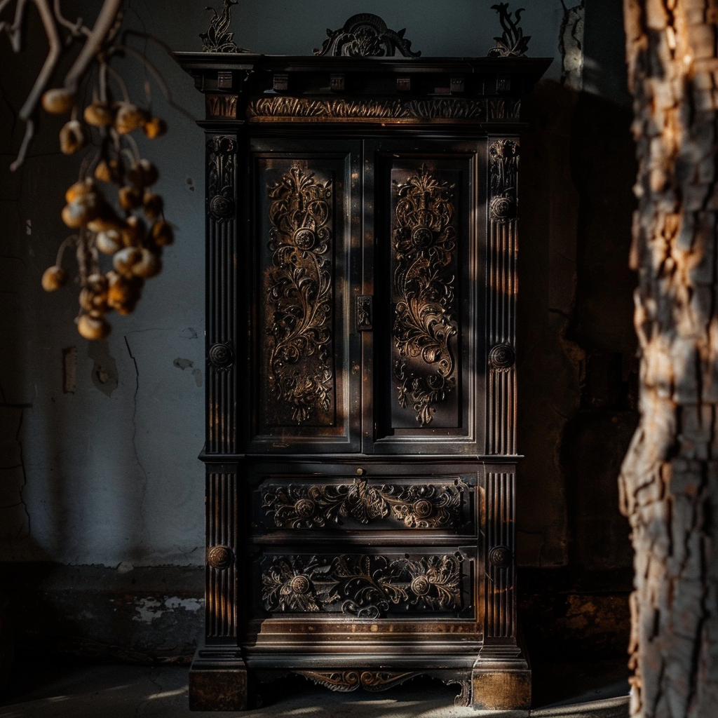 Ornate antique cabinet with glowing drawer