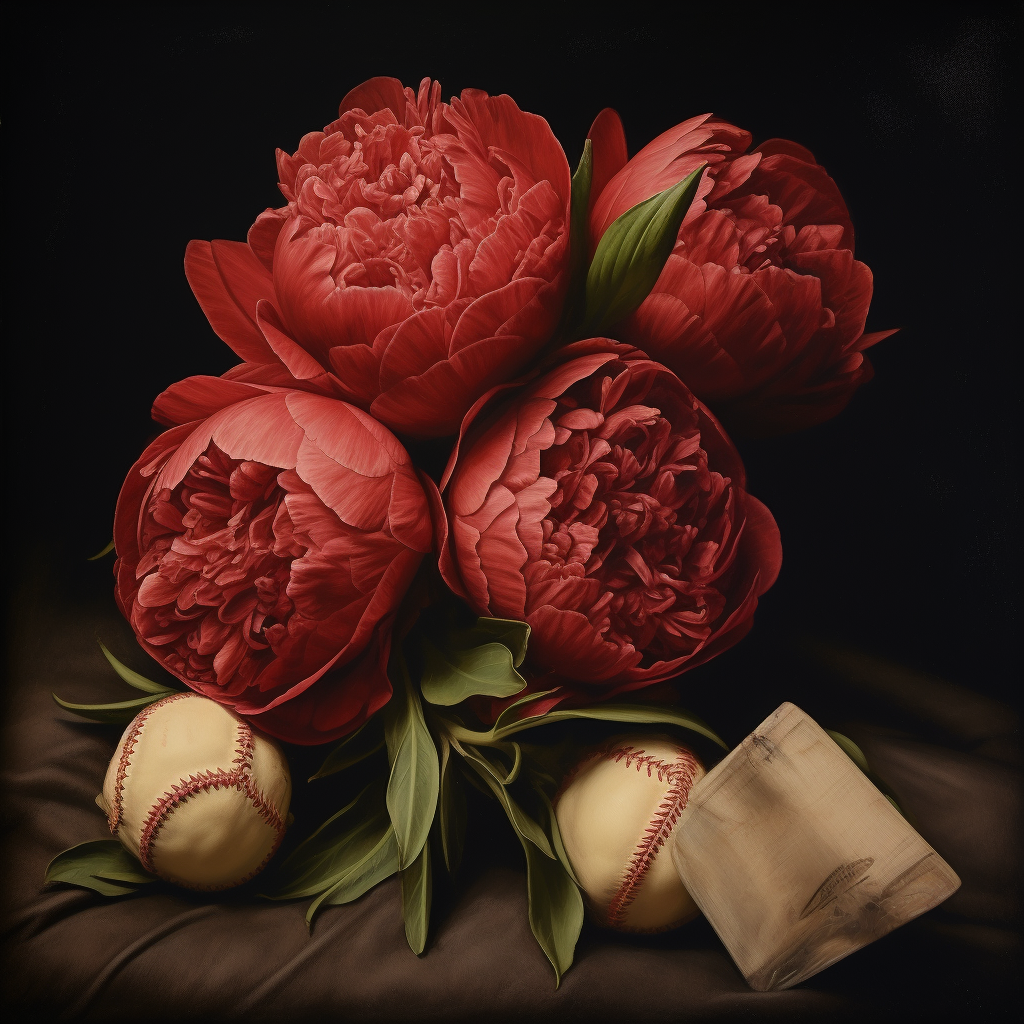 Antique lithograph of red peonies with baseball