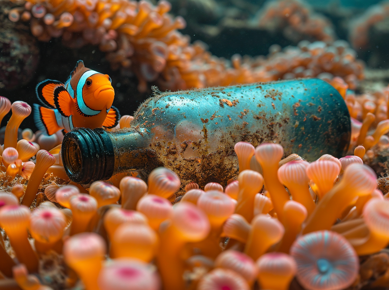 Colorful anemones on sea floor with antique mirror