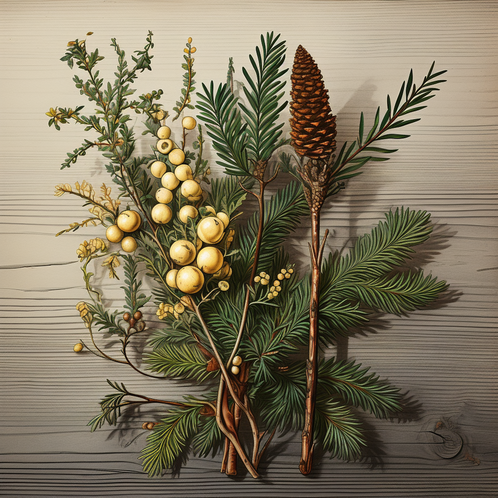 Antique Myrtle Sprig with Fir, Cedar Cone, Pine Buds, Dasiphora