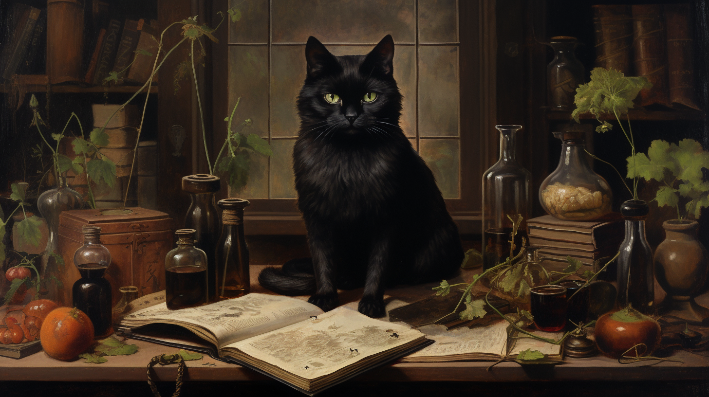 Antique oil painting of a black cat at wizard school