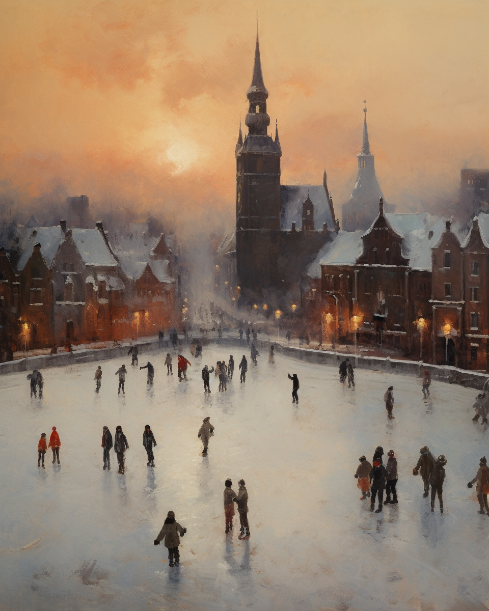 Ice skating in snowy village square