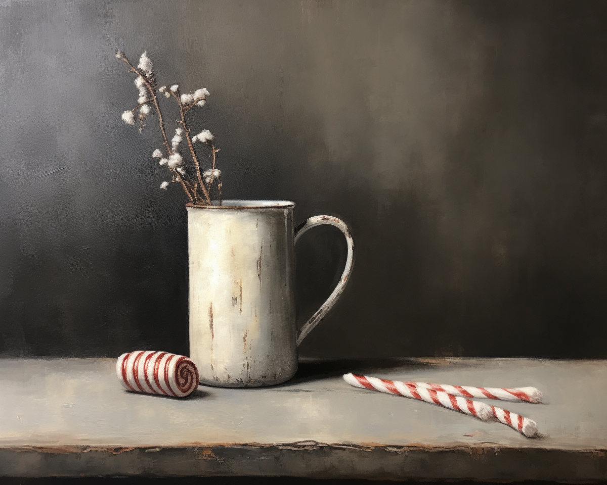 Beautiful antique oil painting with hot chocolate mug