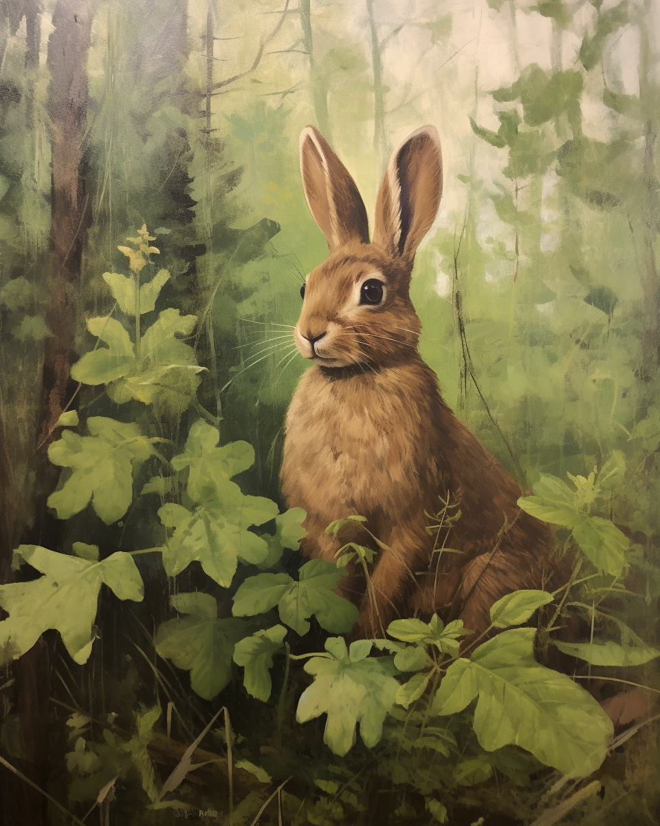 Vintage rabbit oil painting in forest