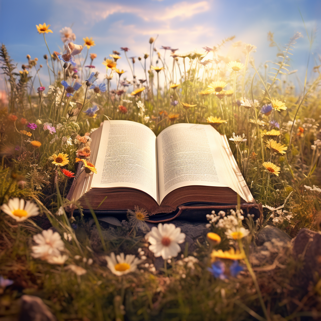 Antique Open Book in Wildflowers