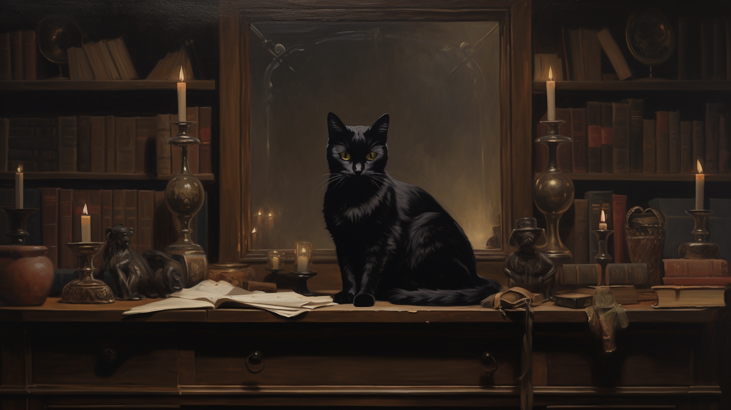 Mystical scene with black cat in antique painting