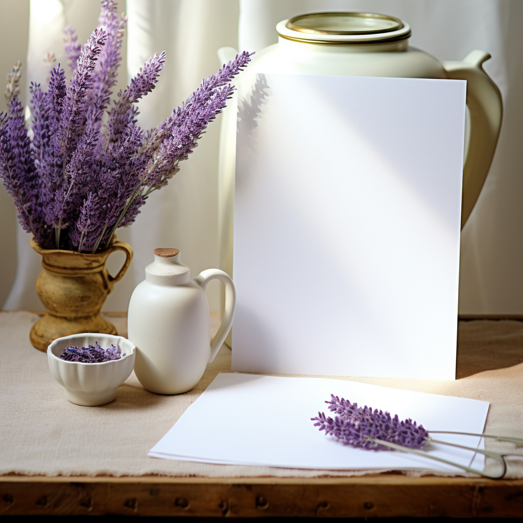 Antique paper near ceramic jug and lavender