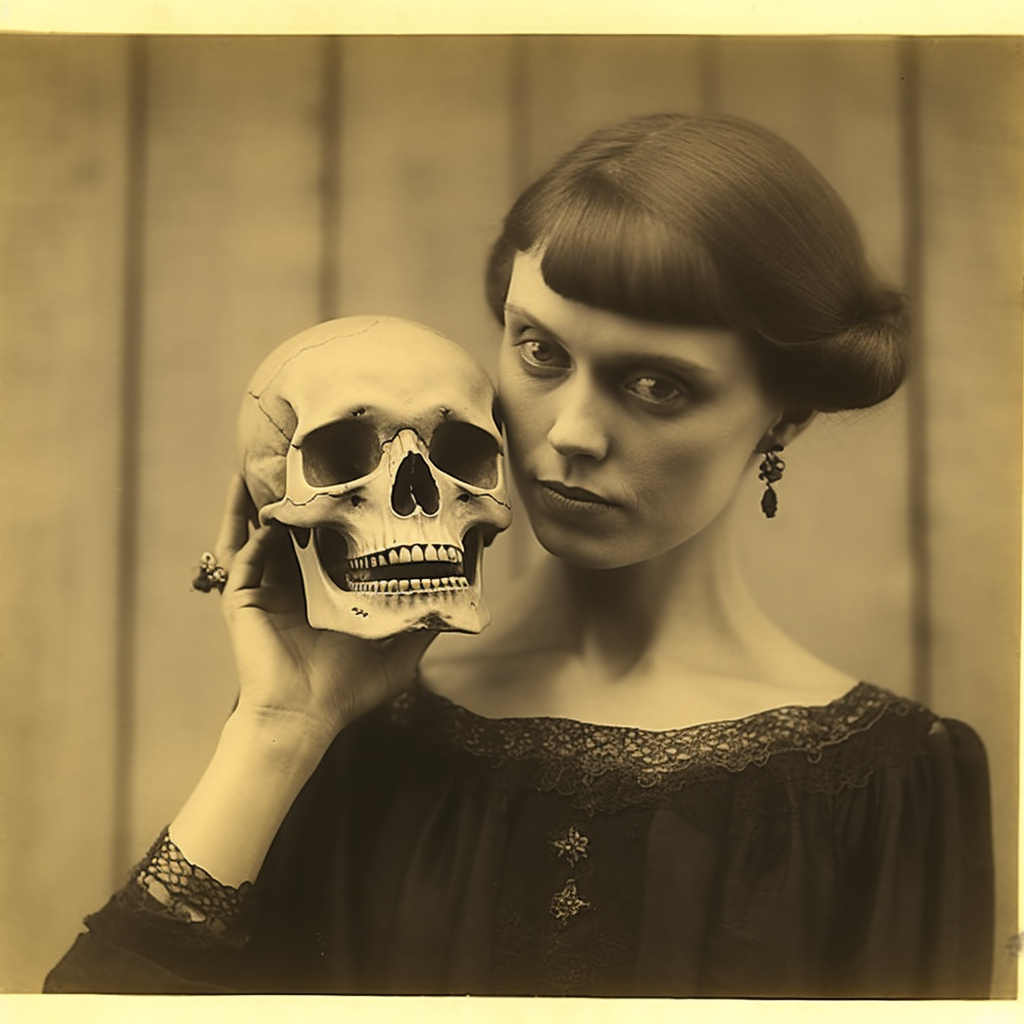 Antique photograph black white lady skull odd