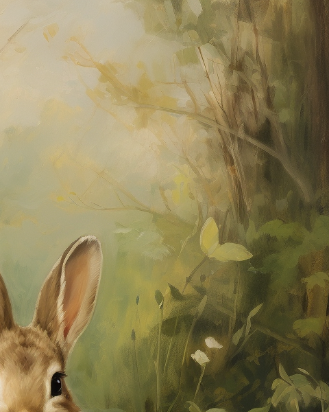 Antique rabbit painting in forest with spring flowers