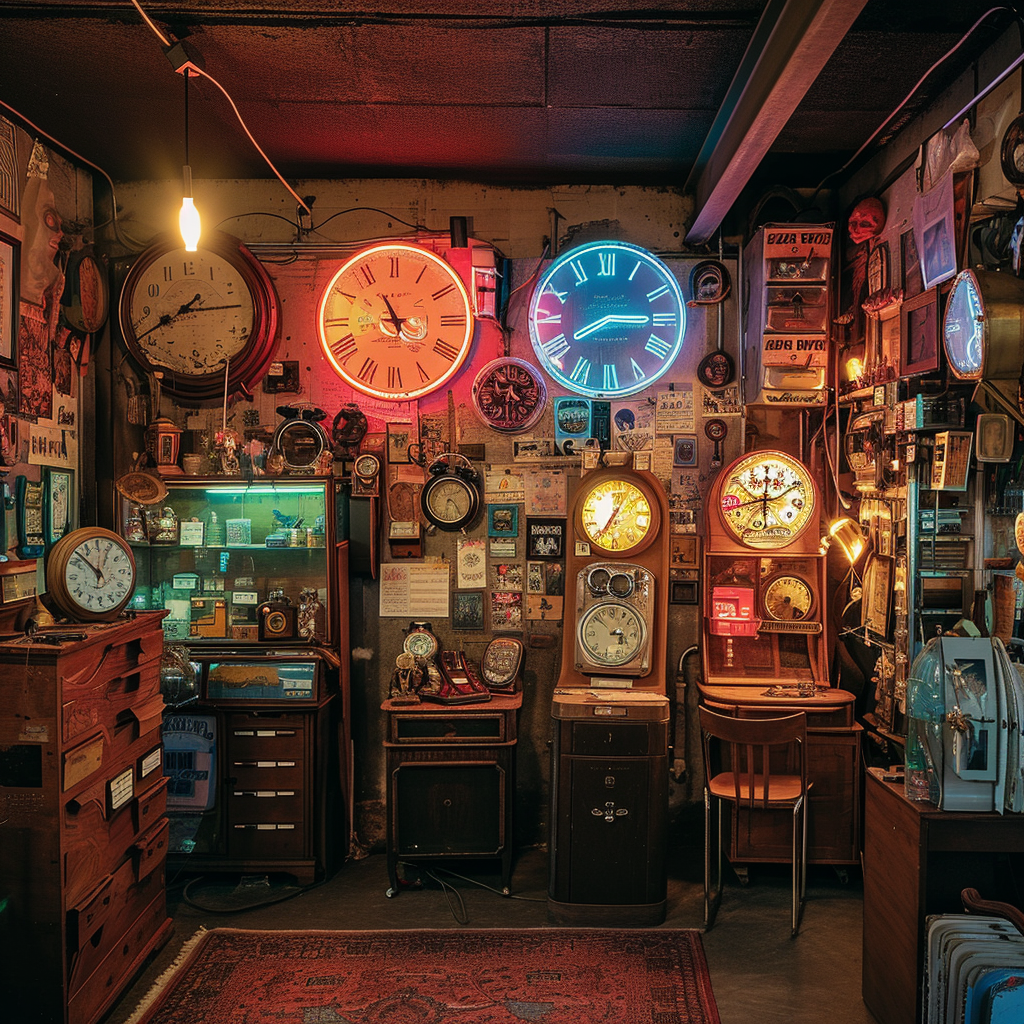 Neon clocks in antique shop