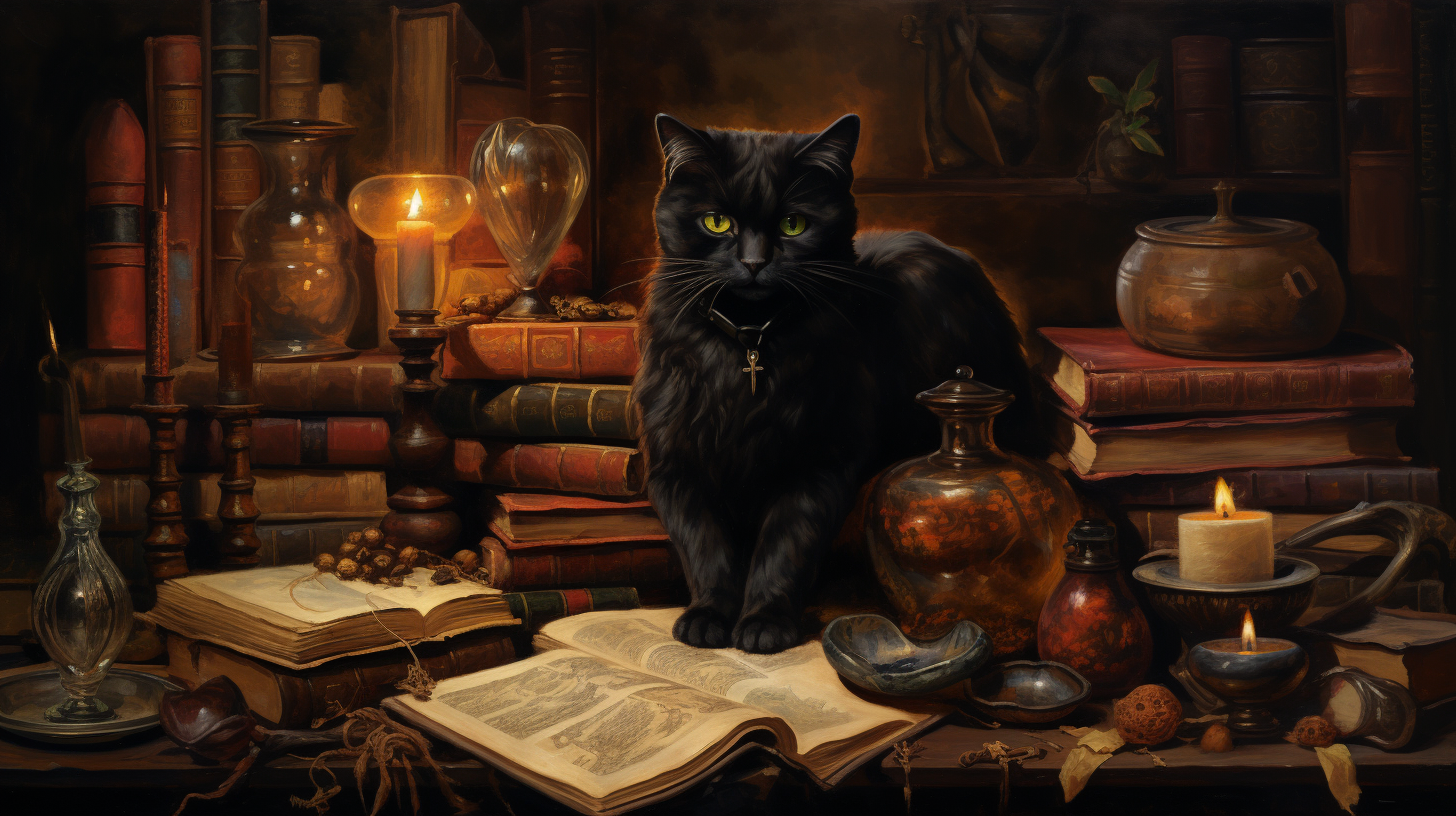 Antique Oil Painting with Black Cat in Wizard School Library