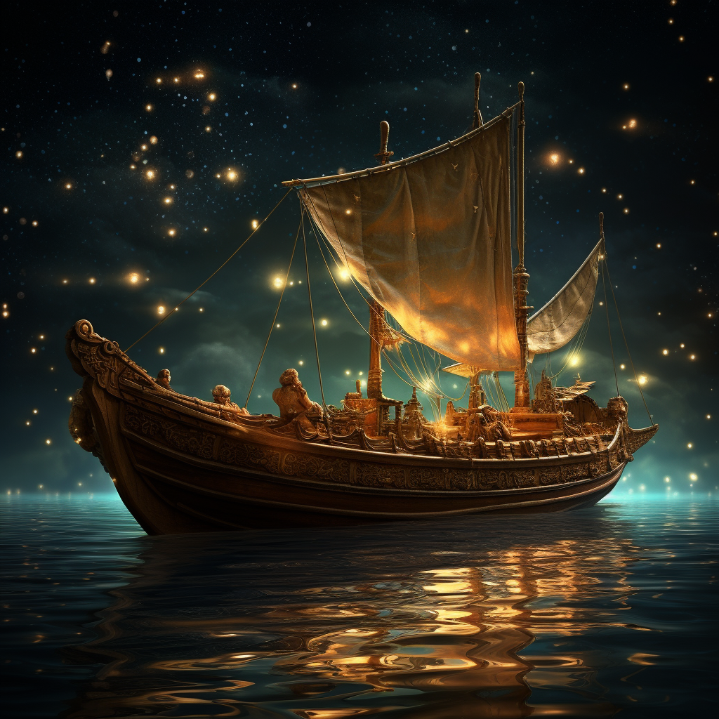 Antiquity period row boat with muse sailing at night