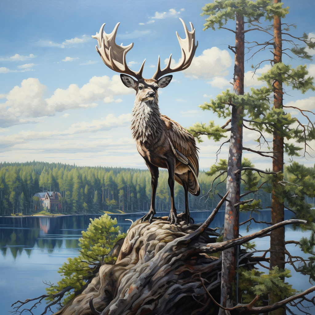 Majestic antlered jackalope perched in pine tree