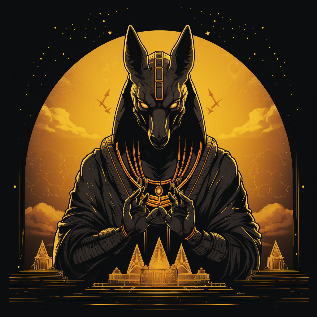 Illustration of Anubis holding pyramids against high contrast background