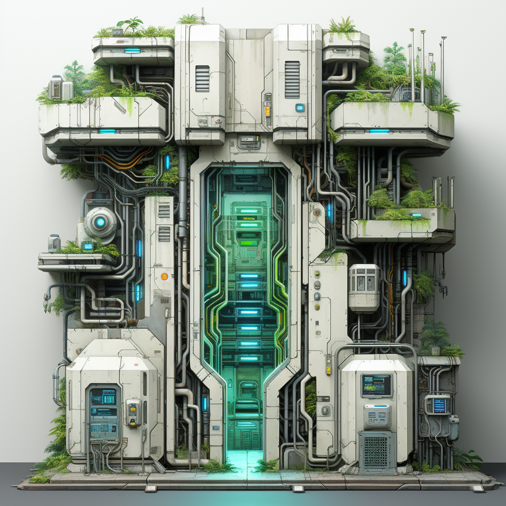 Intricate cyber city apartment entrance