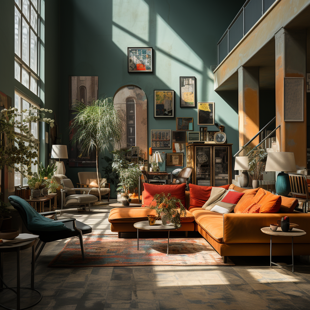 Colorful apartment interior with Romanesque and Bauhaus influences