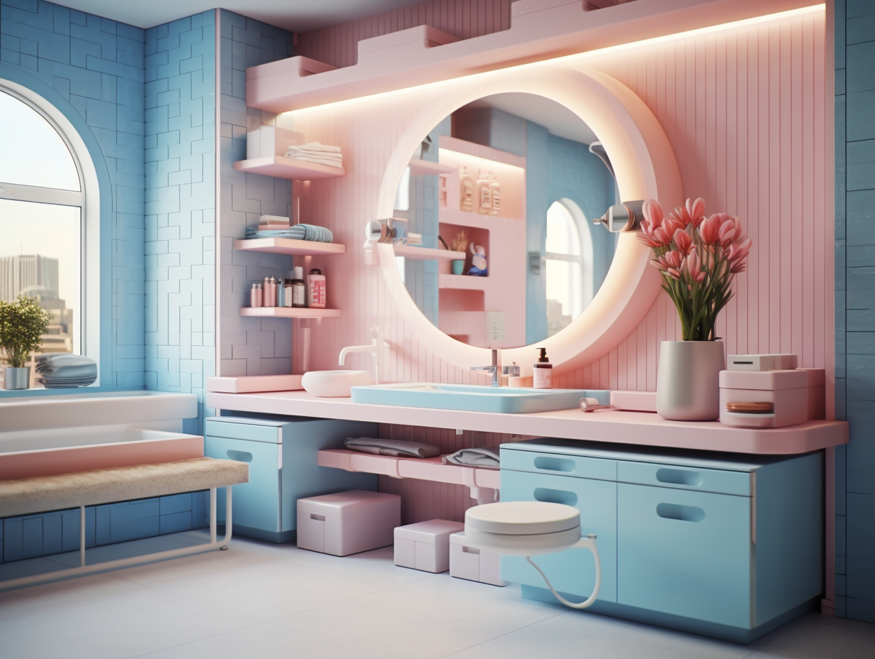 Apartment Washroom with Pink and Sky Blue Colors