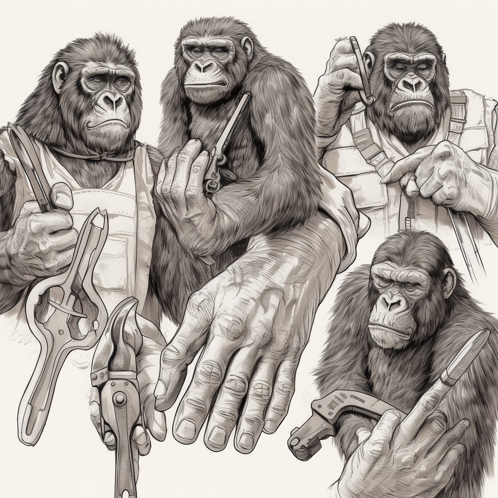 Detailed hairy ape hands holding tools