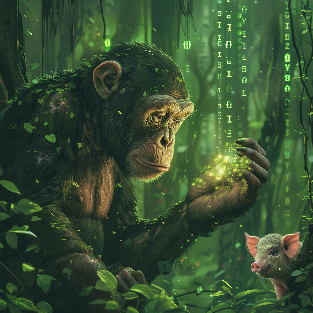 Anthropomorphic ape and truffle pig in data forest