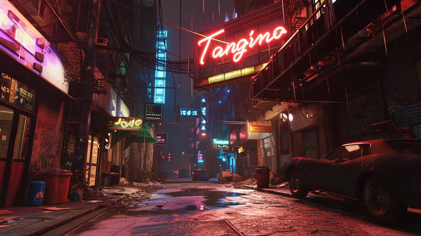 Neon sign in apocalyptic night town