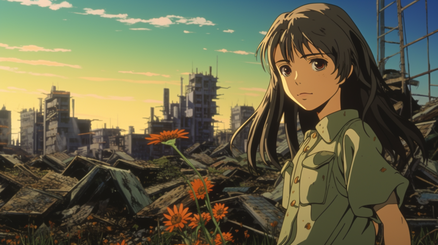 Young girl picking flowers in apocalyptic city