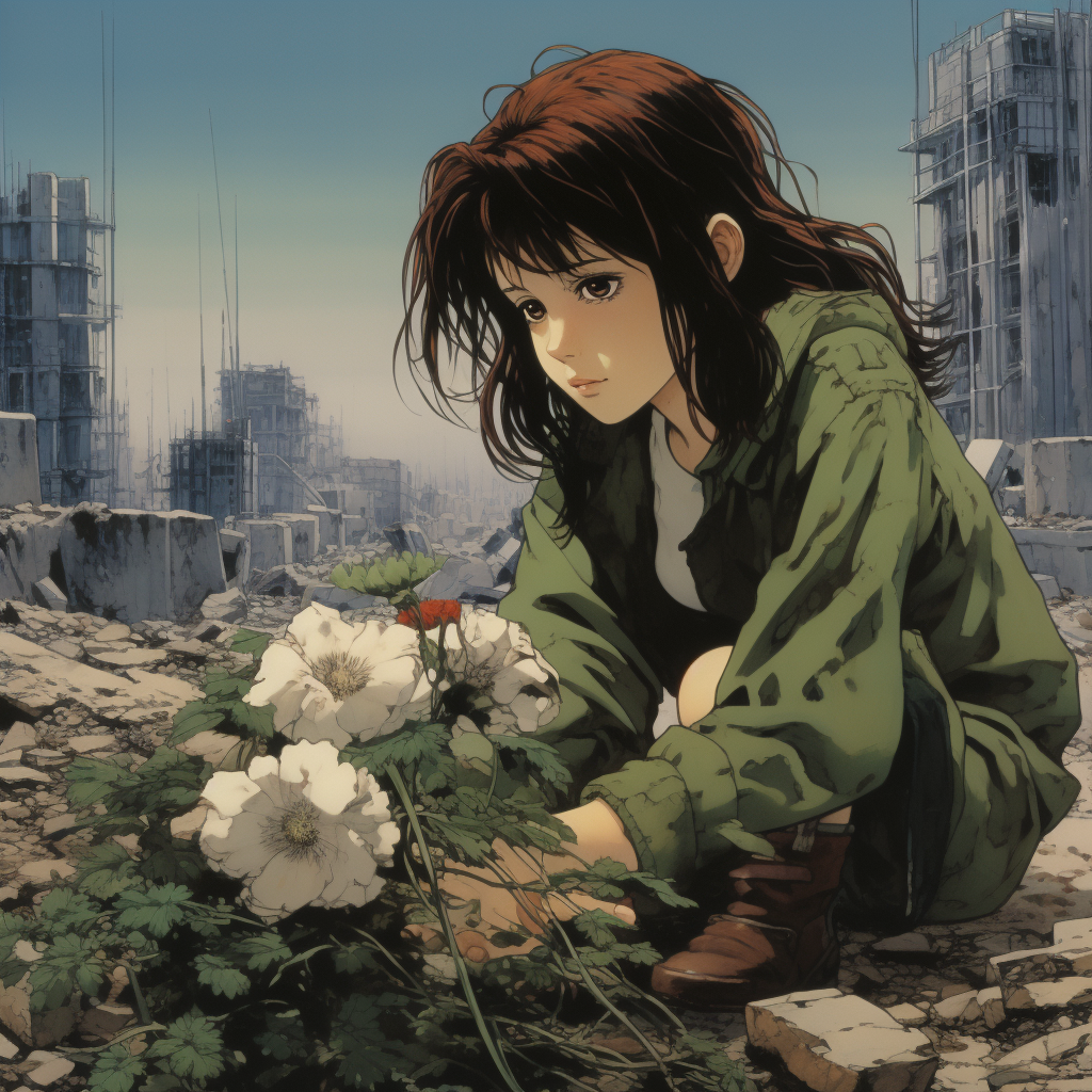 Young girl picking flowers in an apocalyptic scenery