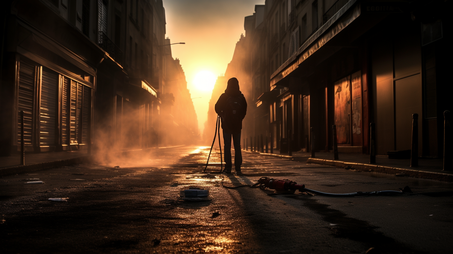 Photographer capturing apocalyptic street scene