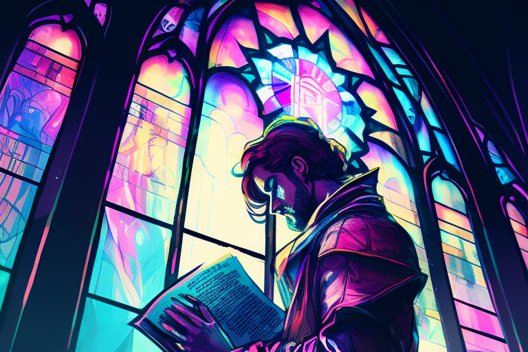 Apostle with Laptop in Stained Glass Window