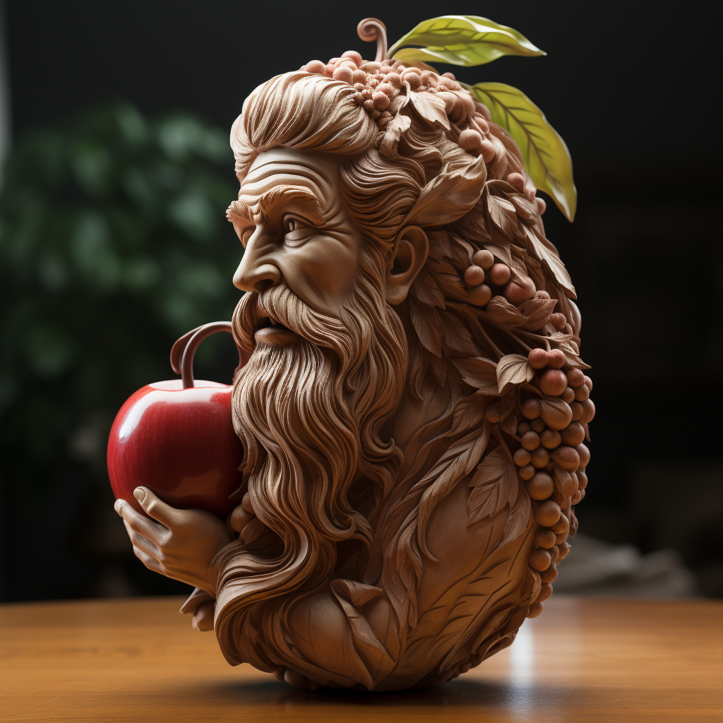 Carved apple resembling male figur