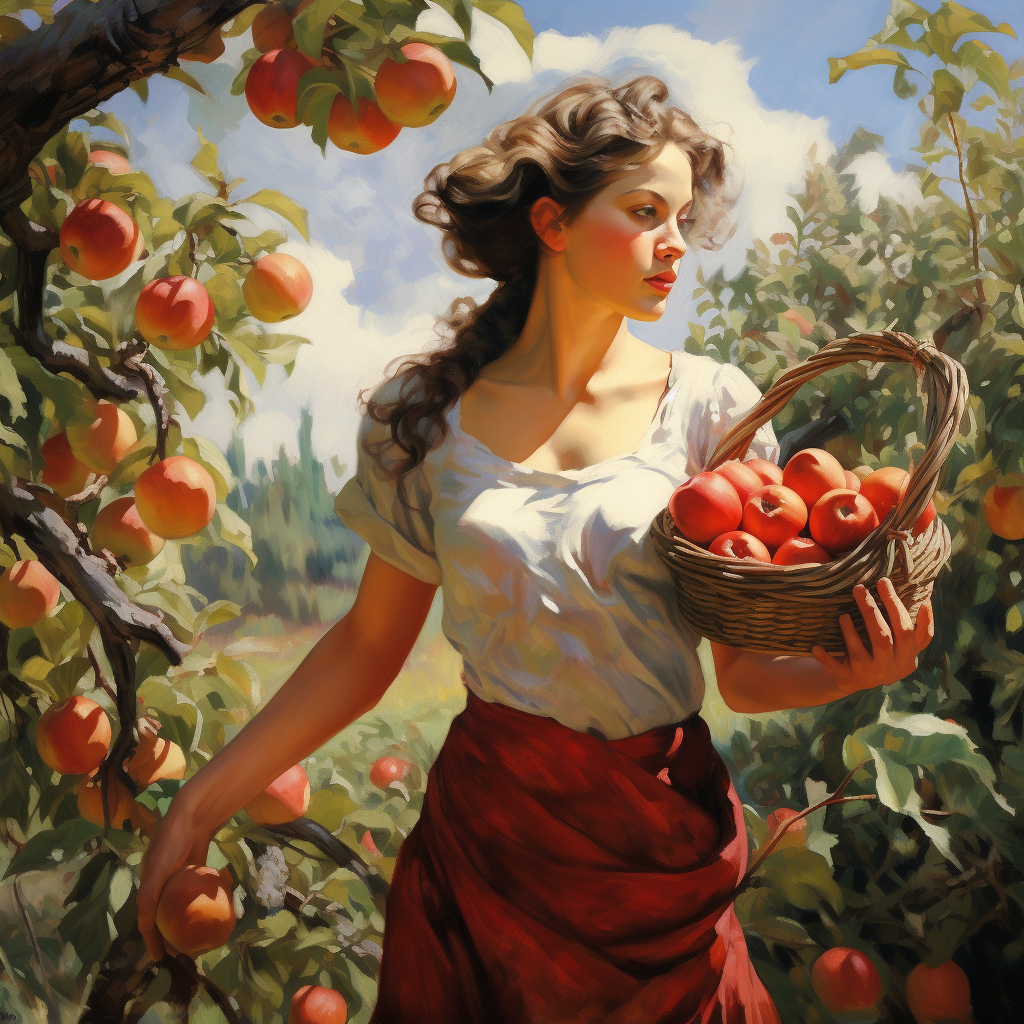 Woman harvesting apples in an orchard