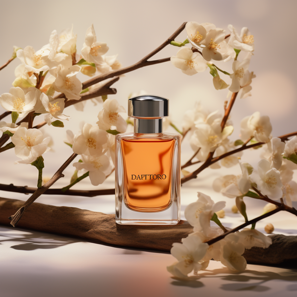 Elegant perfume bottle with apricot, santalwood, and orange's flower