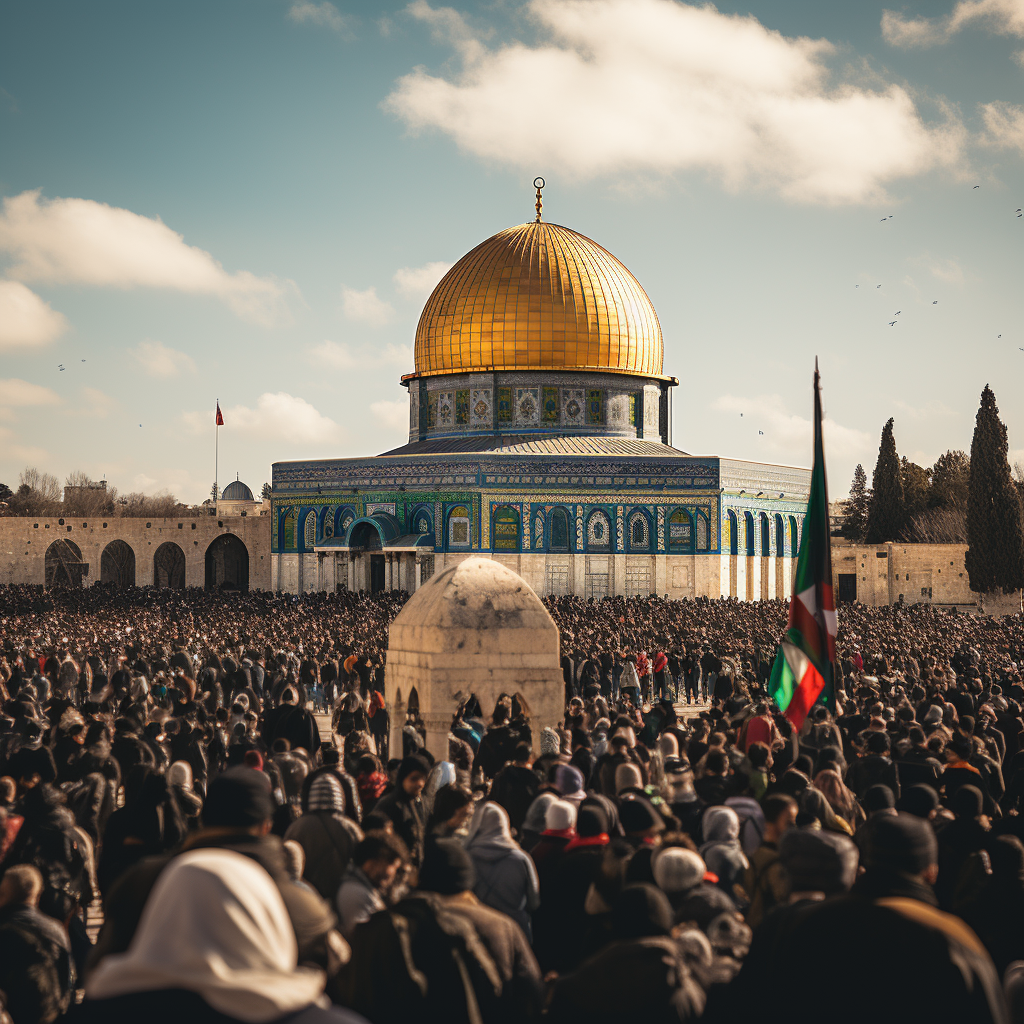 Crowd with Palestine flags at Al-Aqsa Mosque