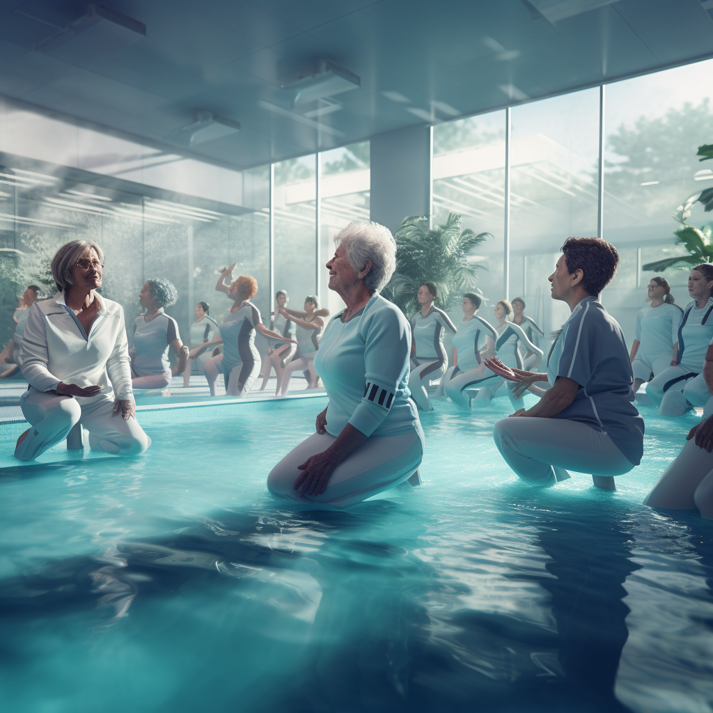 Aqua aerobics class at indoor pool with older woman