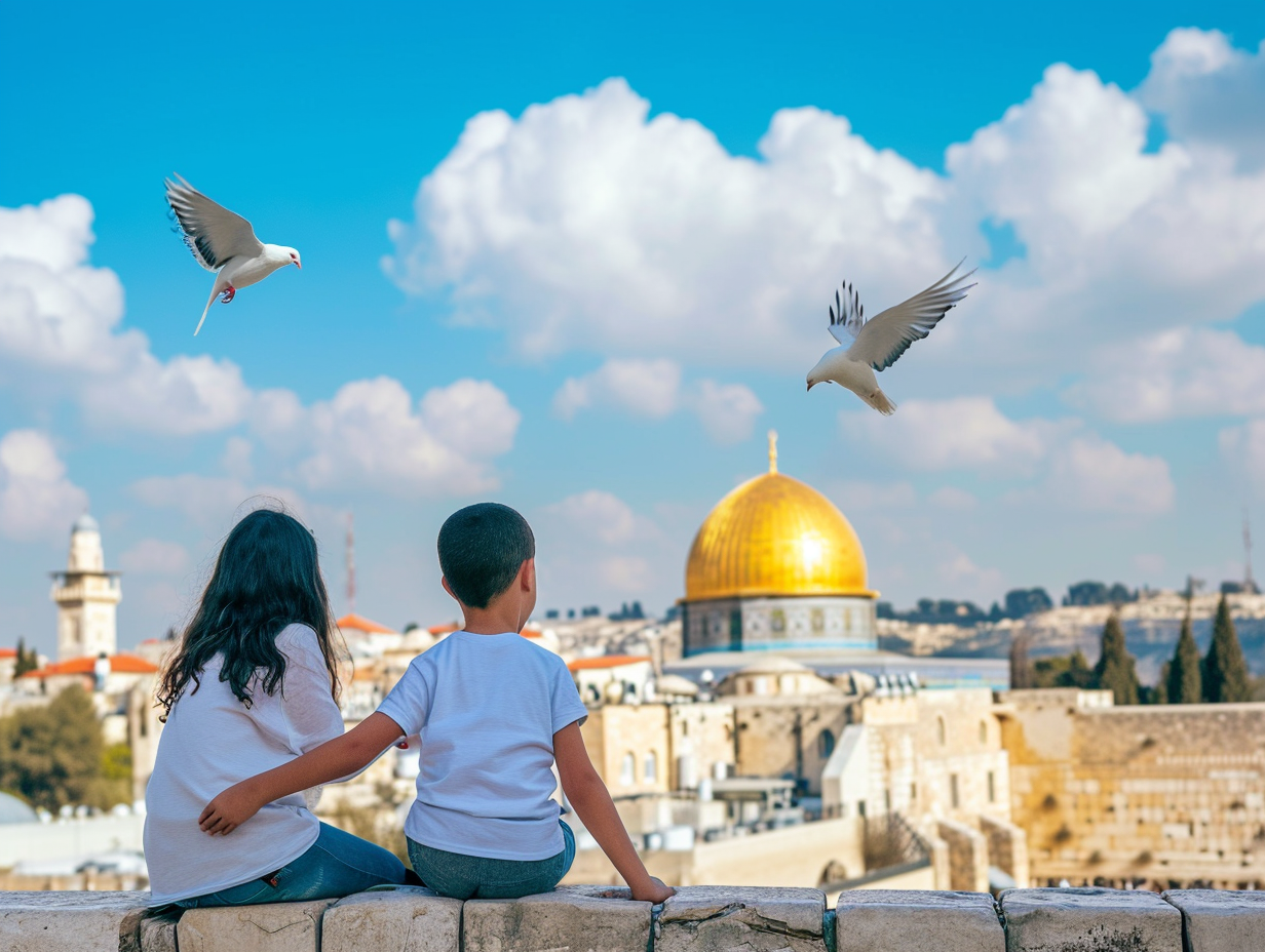 Arab Boy and Girl with White Doves in Ruins