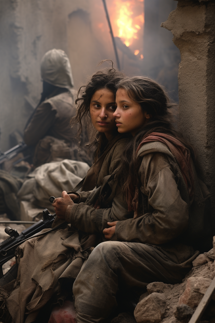 Two Arab girls fearfully embracing amidst destruction