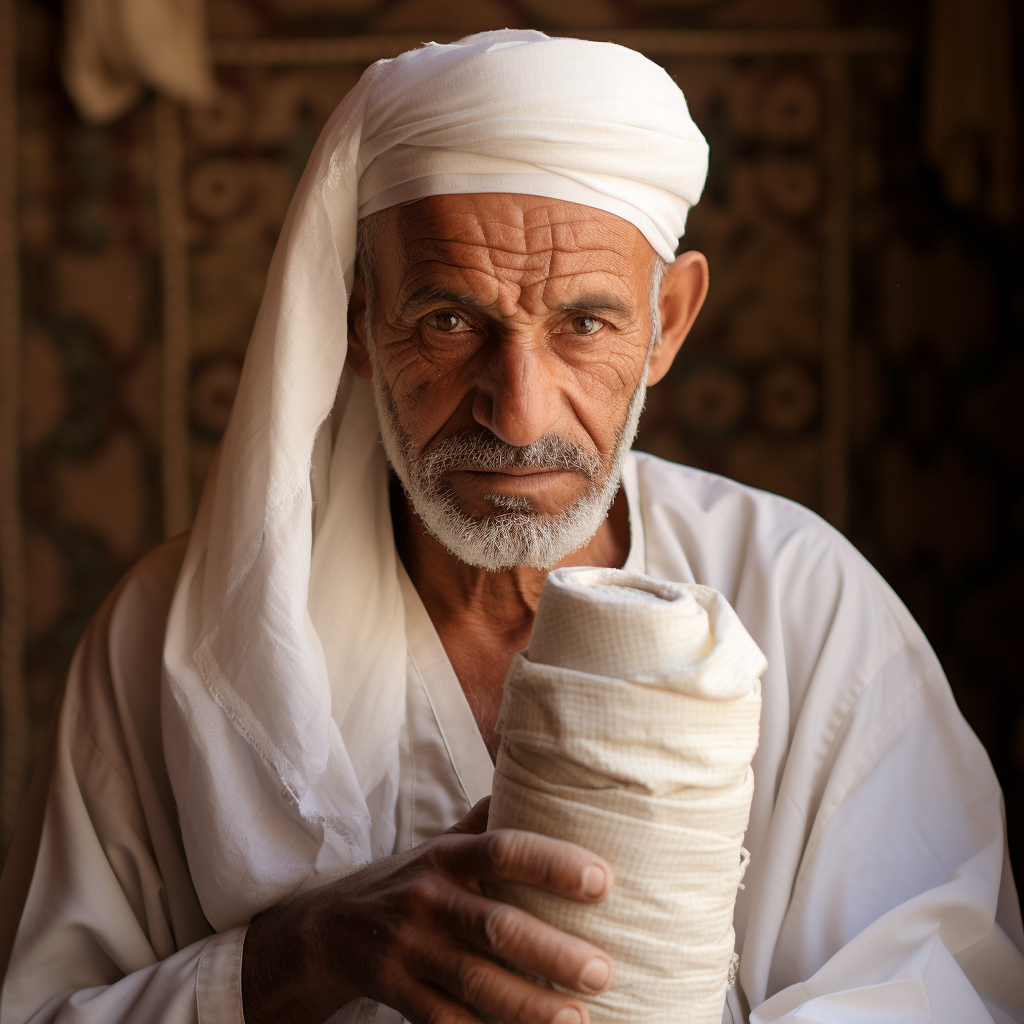 Elderly Arab man with toilet paper