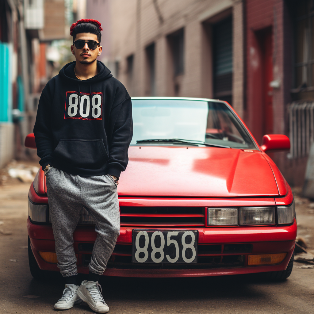 Arab rapper in red convertible with 1999 license plate