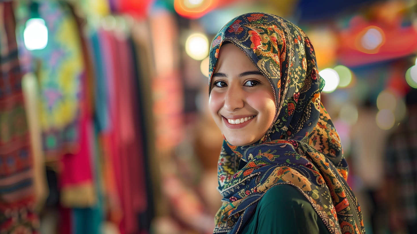 Arab woman at vibrant Ramadan market