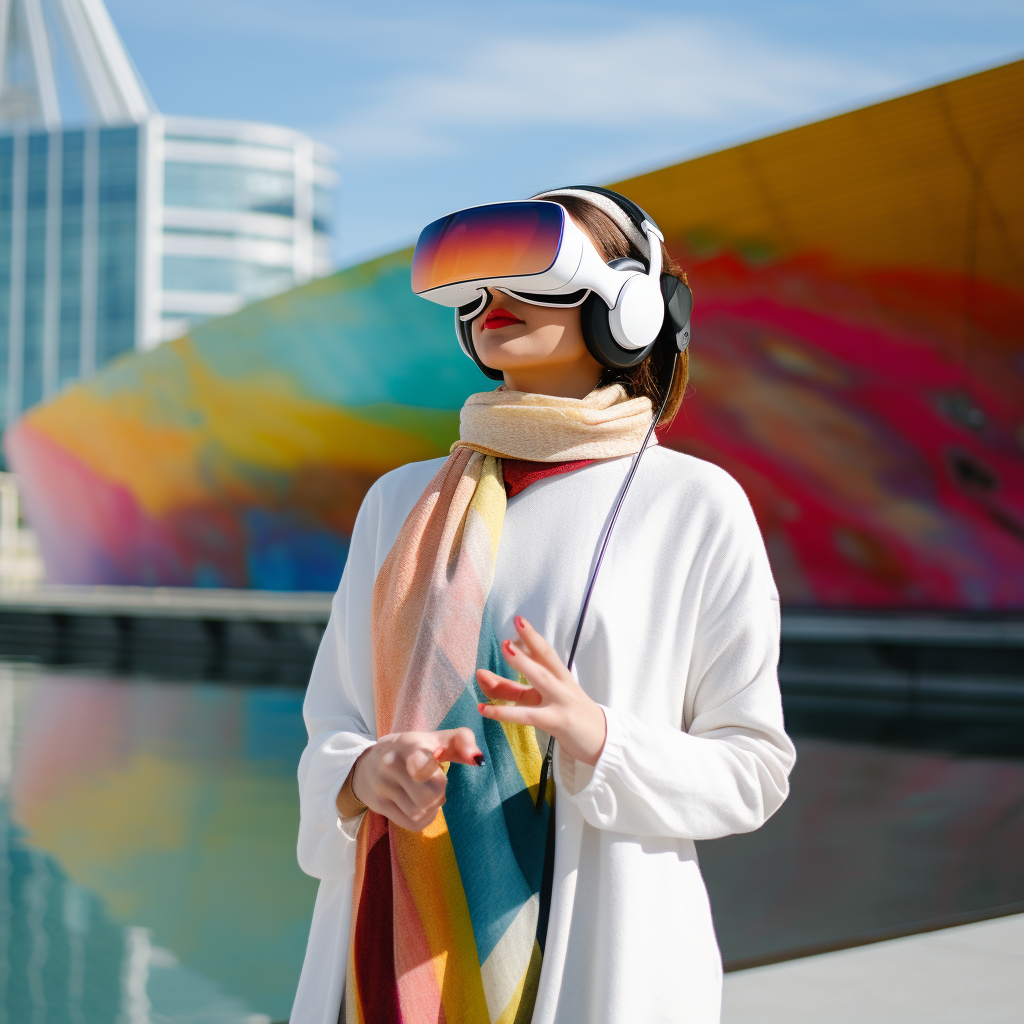 Arab woman wearing hijab using VR headset in Bilbao