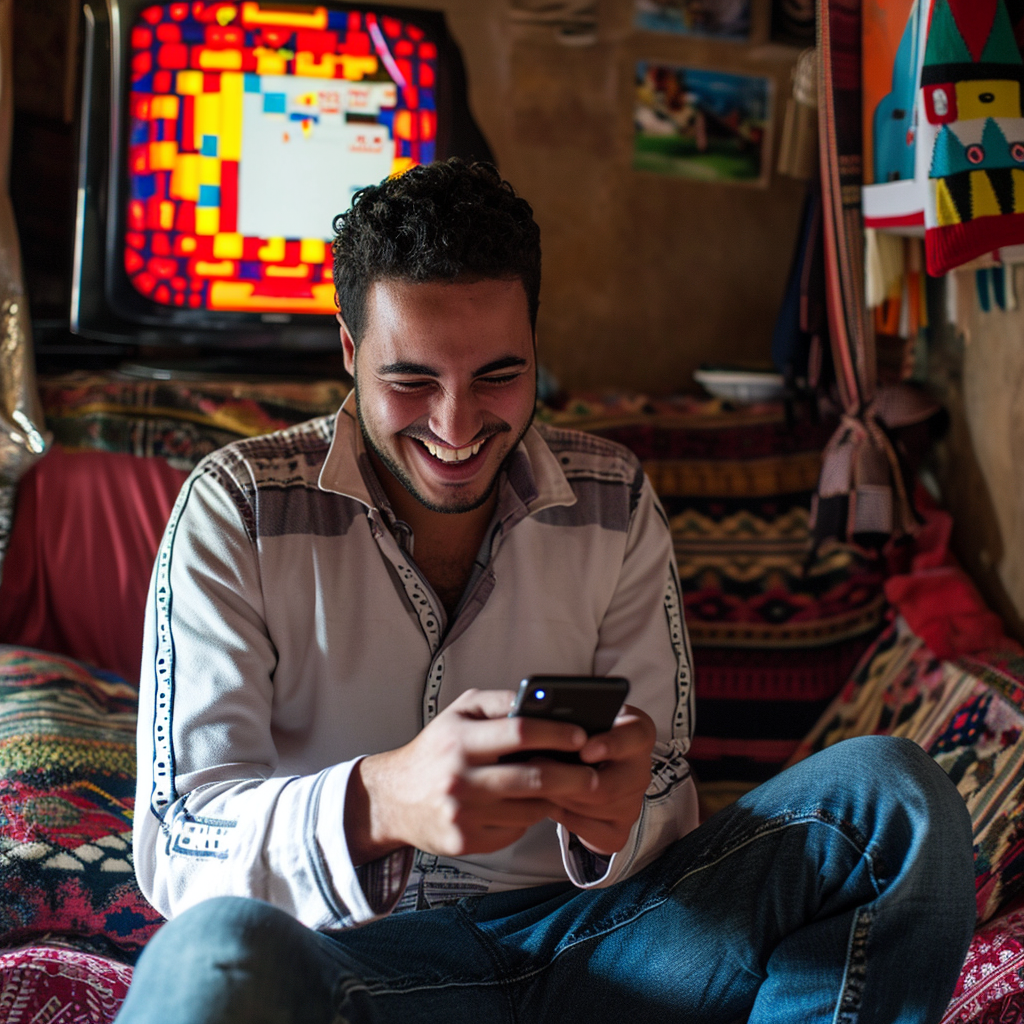 Arab man using phone in games room