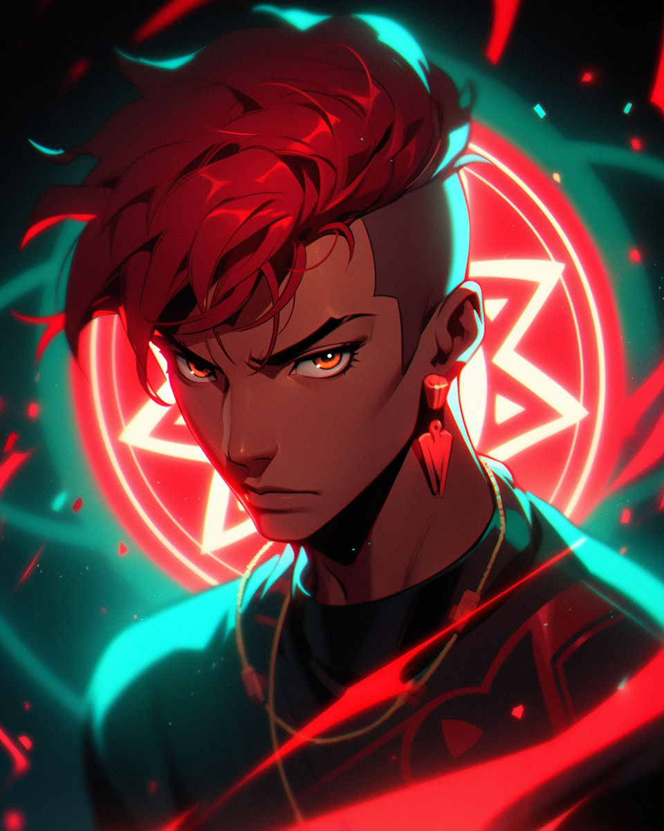 Arabian man with vibrant red hair and neon teal eyes