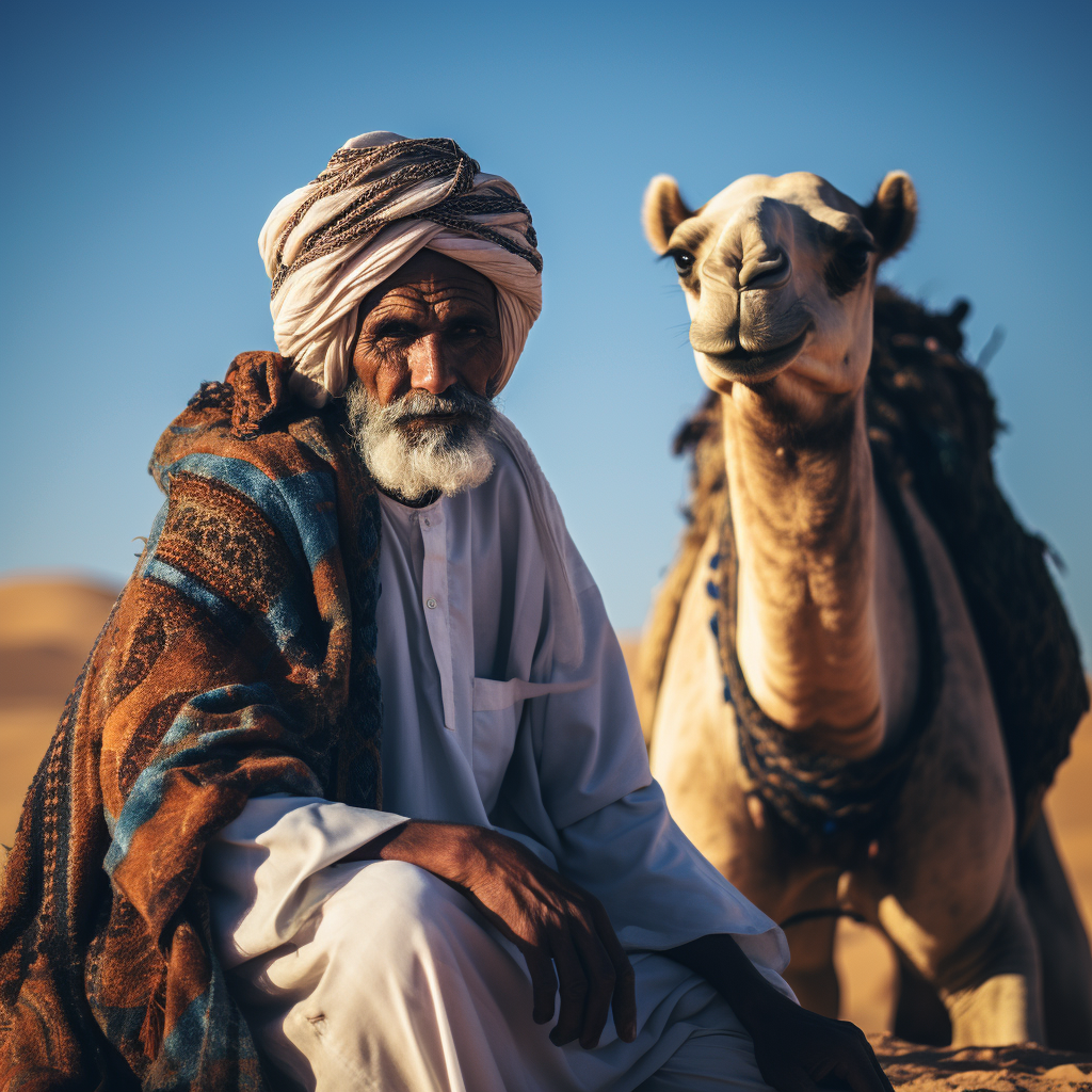 Arabian man with camel in desert