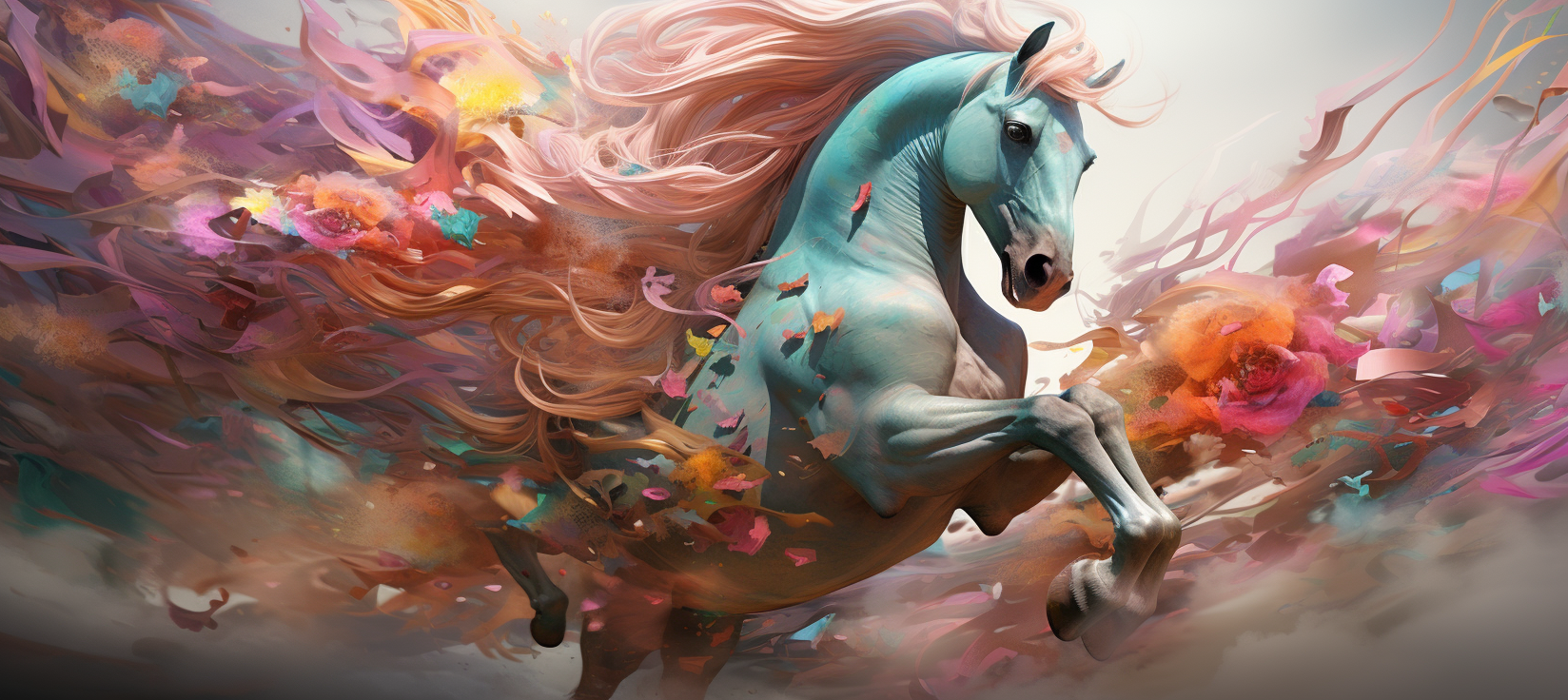 Colorful digital horses swirling around Arabic letter