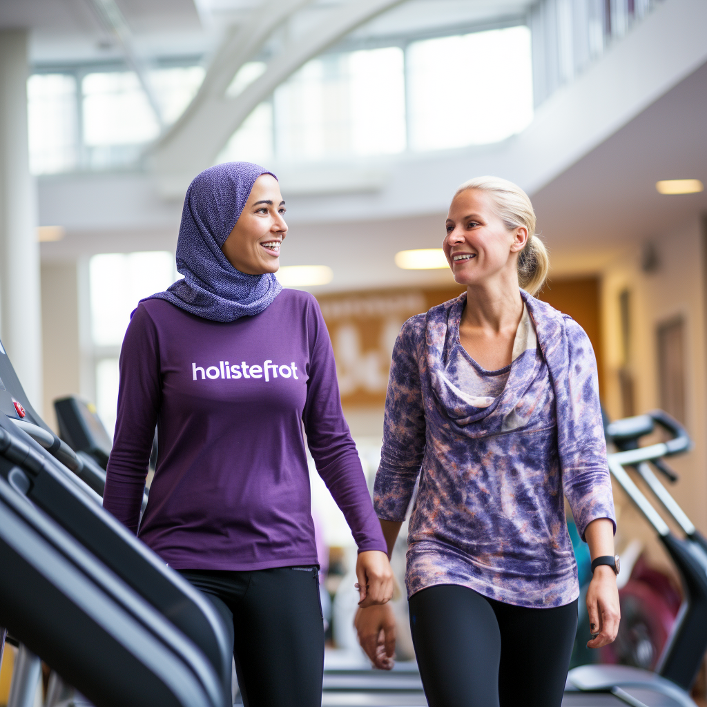 Arabic senior woman and Dutch companion exercising