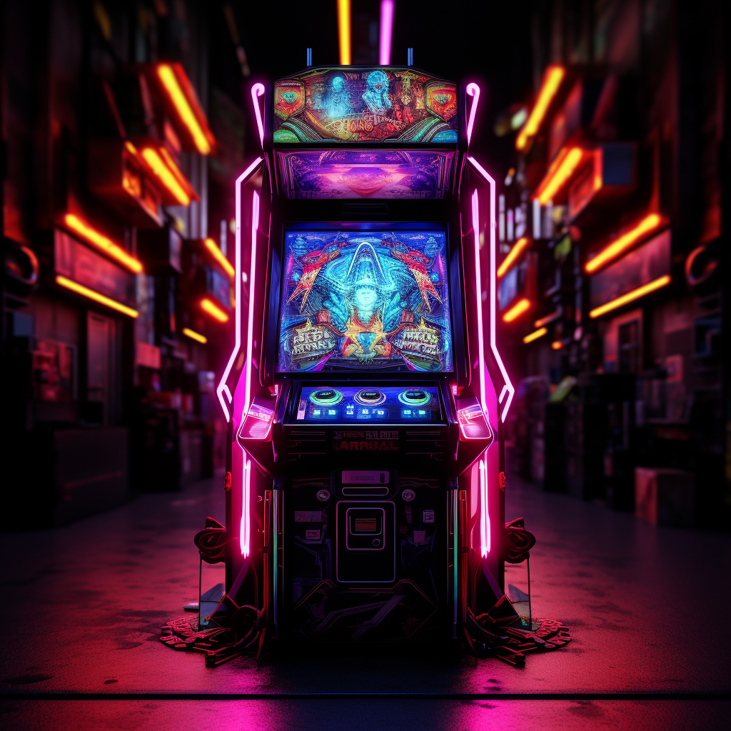 Arcade Game Machine with Neon Pixel Art