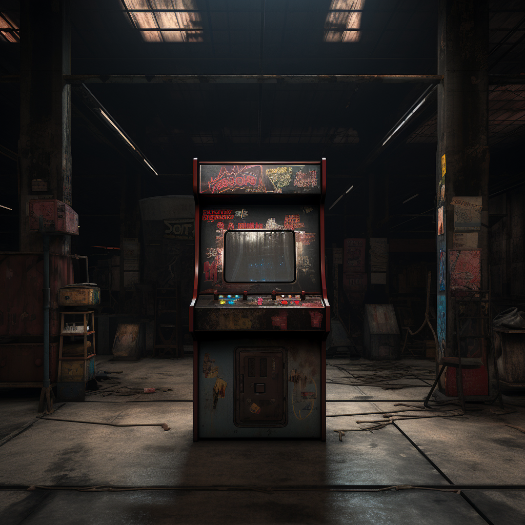 Dark warehouse with arcade machine