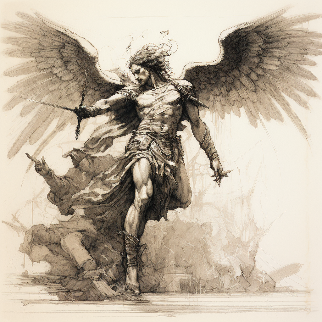 Archangel Michael defeating demon sketch