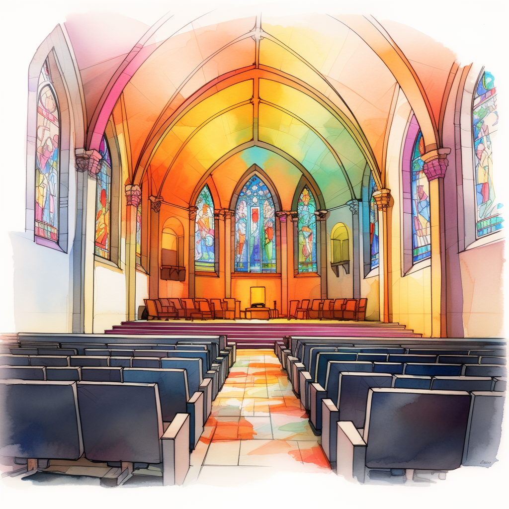 Colorful architectural projector screen inside church