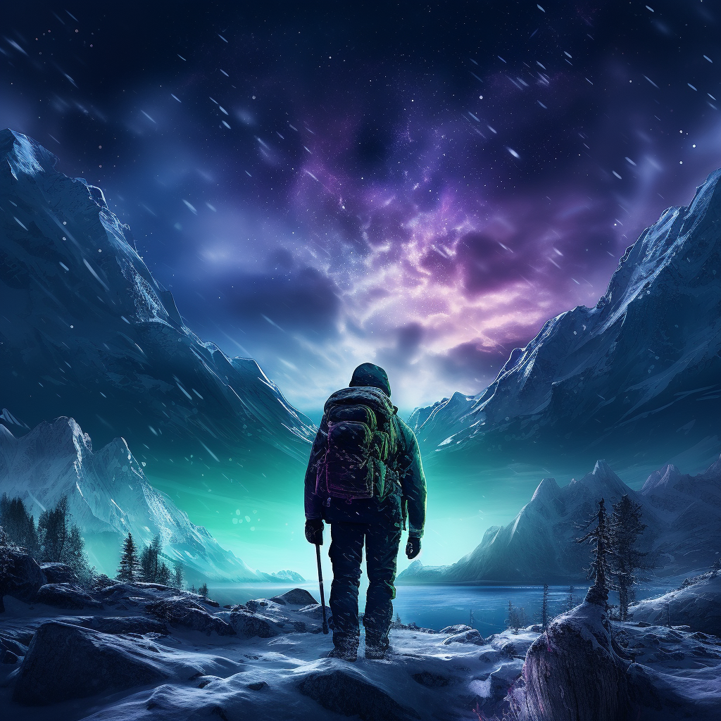 Adventurer walking under Northern Lights